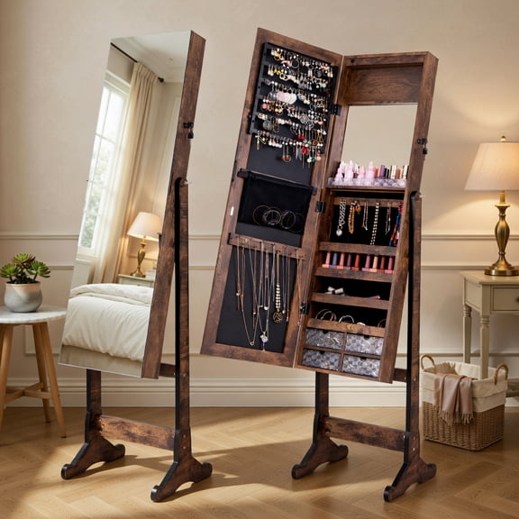 Resenkos Jewelry Organizer,Jewelry Armoire Storage Organizer,Free Standing Full Length Jewelry Armoire with Lights-Rustic Brown