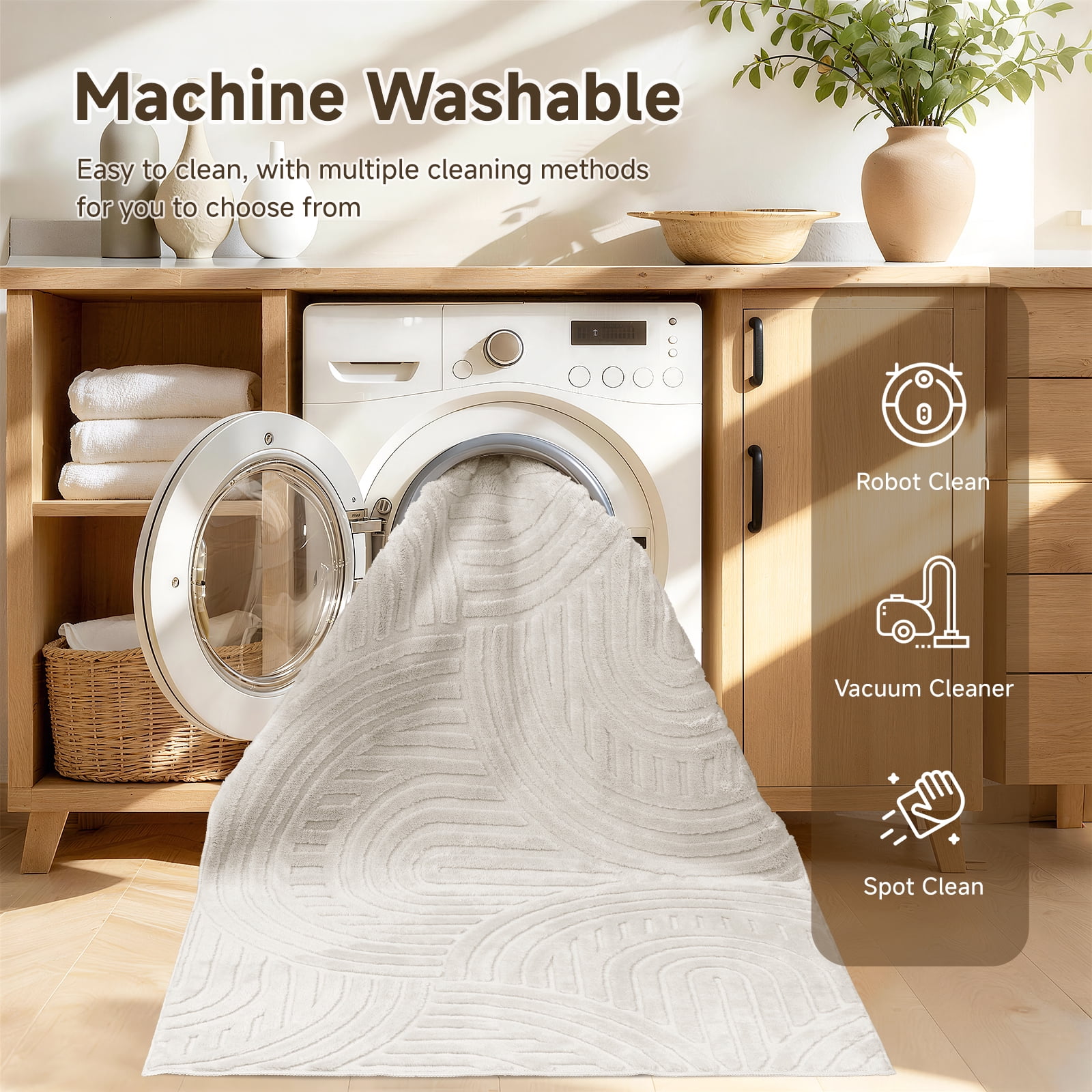 MeyJey 3’x5’ Area Rugs for Living Room, Machine Washable Jacquard Textured Modern Non Slip Rugs, Soft Geometric Rug for Bedroom Dining Room Office, Beige