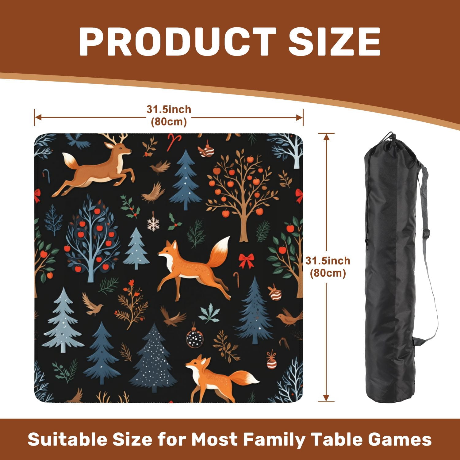 Mahjong Mat 31.5" x 31.5" Rustic seamless trees deer fox other Christmas print Non-Slip Noise Reduction American Mahjong Tiles Table Cover for Dominoes Poker Card Board Games Gift