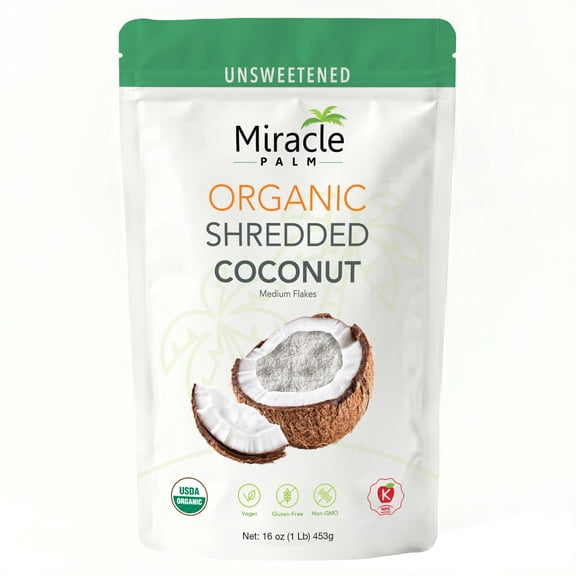 Miracle Palm Organic Unsweetened Shredded Coconut 1 lb (16oz), Perfect for Baking