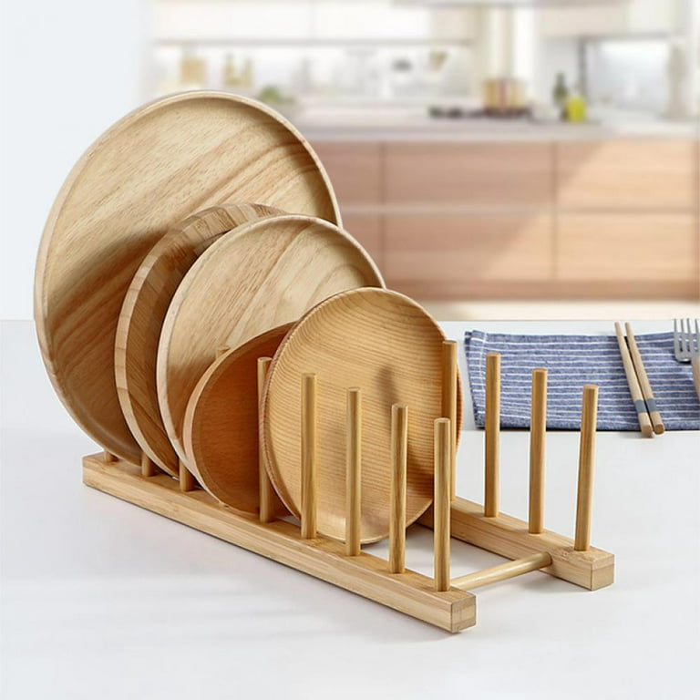 Minimanihoo Natural Bamboo Dish Rack, Kitchen Drawer Organizer, Cutting Boars Cabinet Plate Cooking Lid Dry Display Holder, Pan Pot Bowl Food Drainer Drying Stand