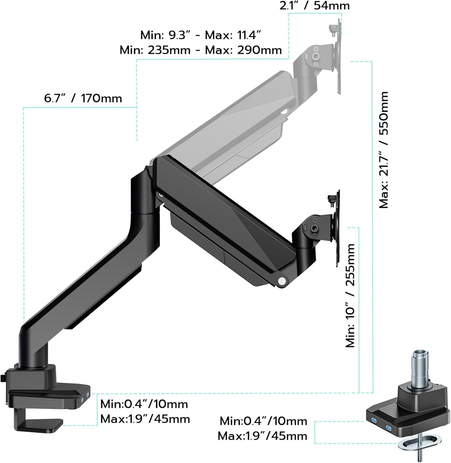 ARES WING Single Monitor Arm with USB, Heavy Duty Adjustable Monitor Arm for 13"-49" Screens, Gas Spring Monitor Arm Desk Mount with Clamp & Grommet Base Holds up to 40 lb, VESA 75x75 100x100, Black