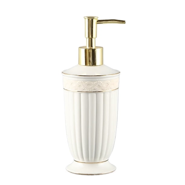 Dispensadores de jabón de cerámica for encimera, color blanco, 350ml/11,8oz, con acabado a rayas y bordes dorados, dispensador de loción for baño y cocina