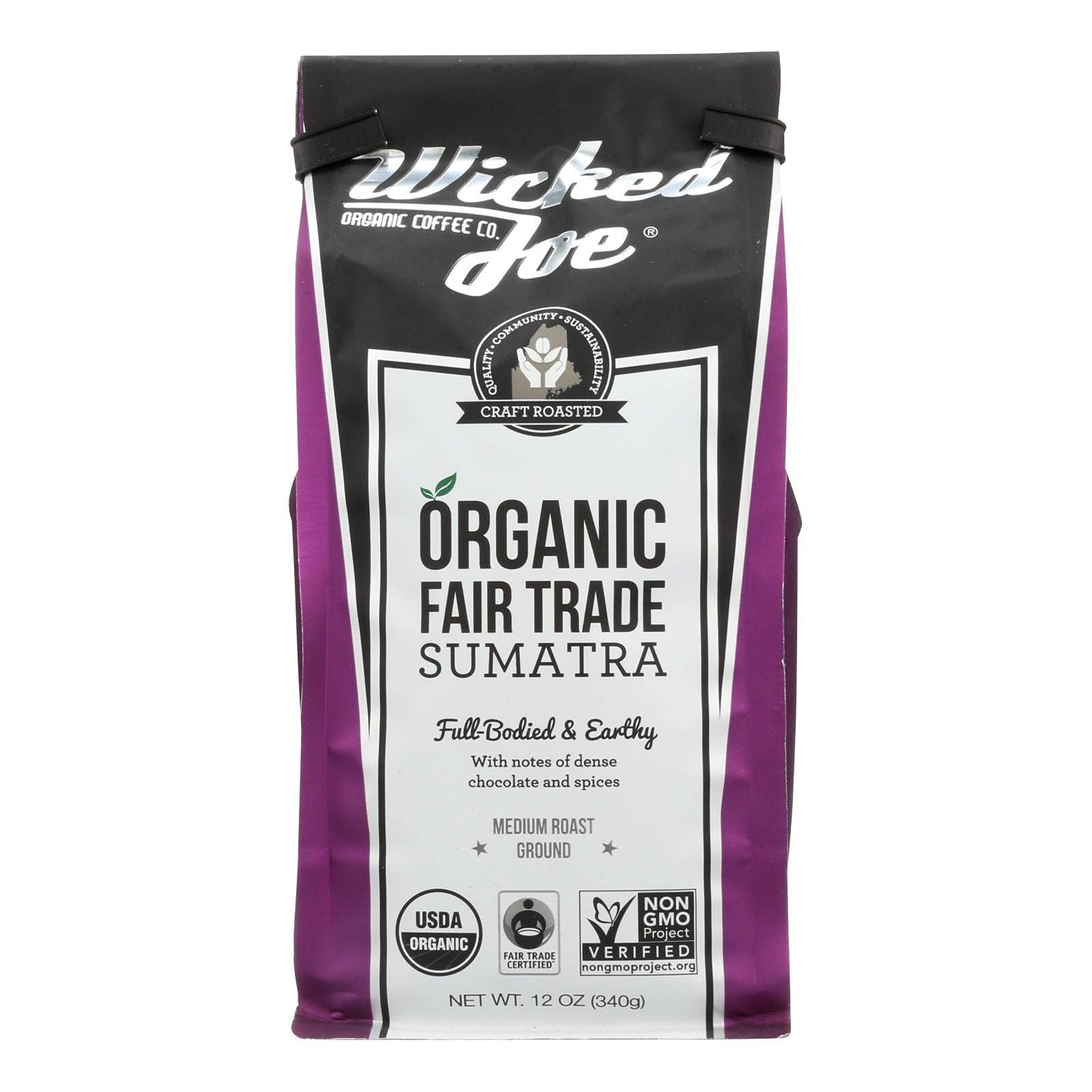 Wicked Joe 12 OZ Organic Sumatra Dark Roast Coffee, Whole Bean, Fair Trade, Bold & Smooth Flavor