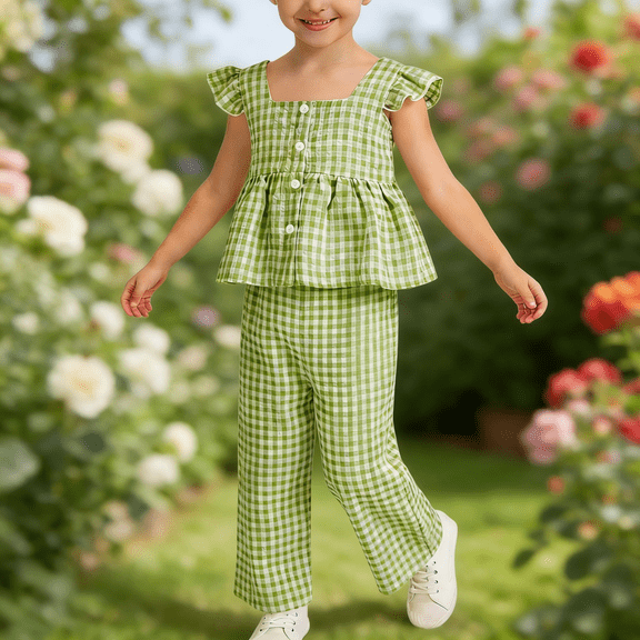 LJEFF Toddler Gingham 2PC Outfit, Ruffle Sleeve Square Neck Peplum Top Wide Leg Pants Casual Summer Set for Kids Green Size 5