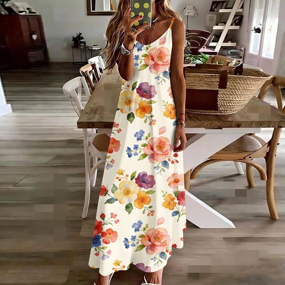 Ynynloco Women's Summer Maxi Tunic Dress Casual V-Neck Sleeveless Bohemian Spaghetti Strap Floral Long Maxi Dress with Pockets