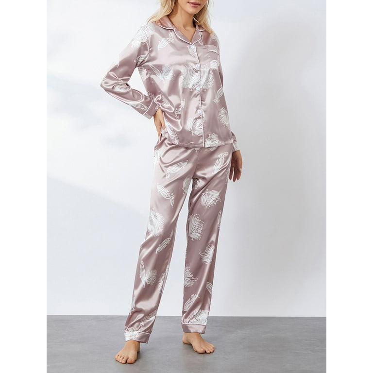 Women Satin Pajama Set Peacock Print Long Sleeves Button Shirt and