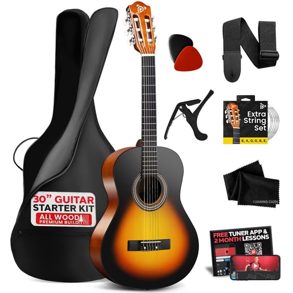 Pyle 30" 1/4 Size Beginner Acoustic Guitar Kit, All-Wood Nylon String Guitar with Gig Bag, Capo, Strap, Picks & Extra Strings, Sunburst