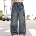 thumbnail image 4 of Coerni Casual Pants Big Kids Girls' Thin Denim Wide Leg Pants Loose Drawstring Jeans Summer Daily Casual Trousers for Outdoo Play, 4 of 9