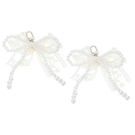 Uxcell Pearl Bow Keychain, 2Pcs Keychain Accessories with Lace, White