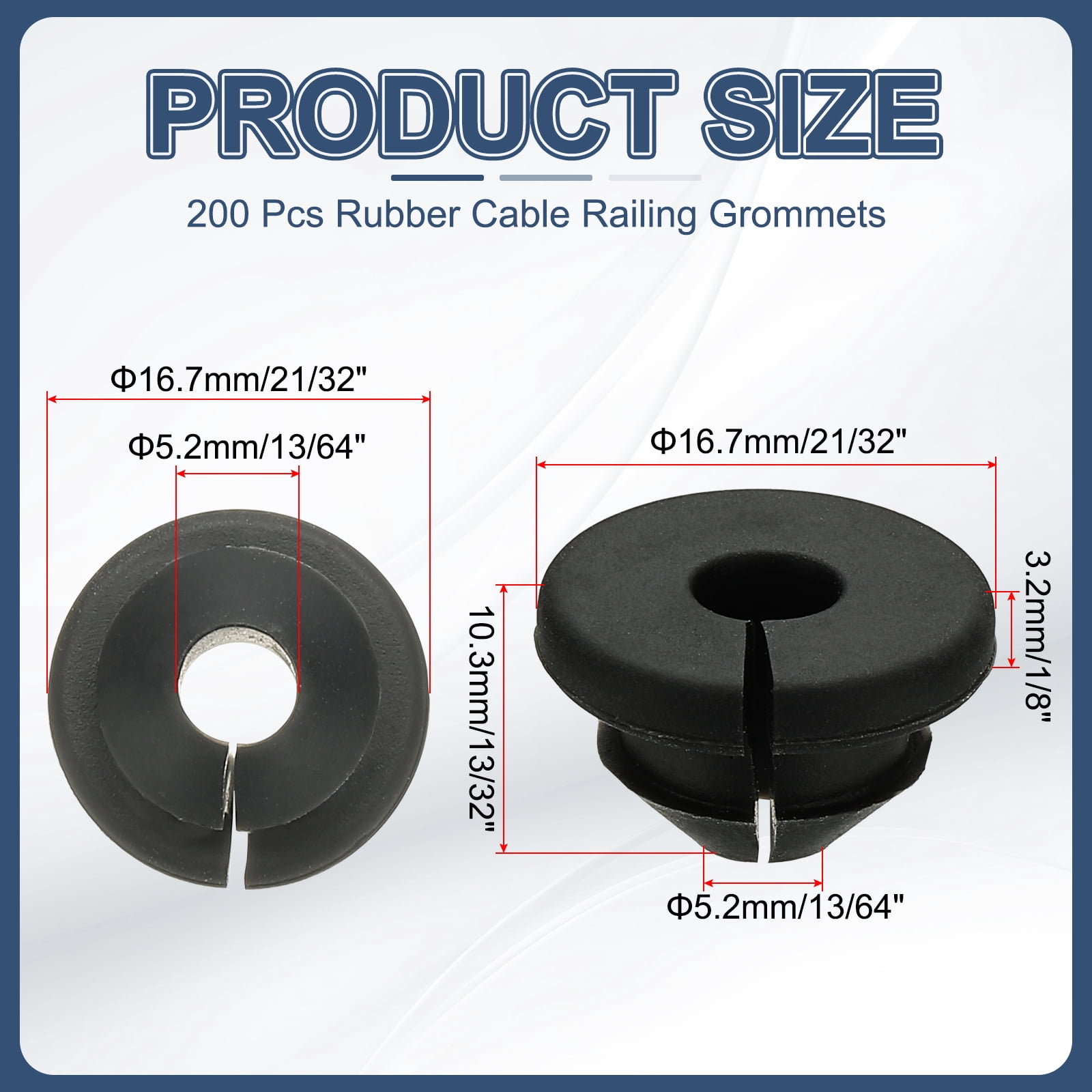 200pcs Cable Railing Rubber Grommets for 1/8" 3/16" 5/32" Cables, Cable Railing Grommet Hardware Kit for Metal Running Tube Posts Deck Wire Rope Protective Sleeves, Black