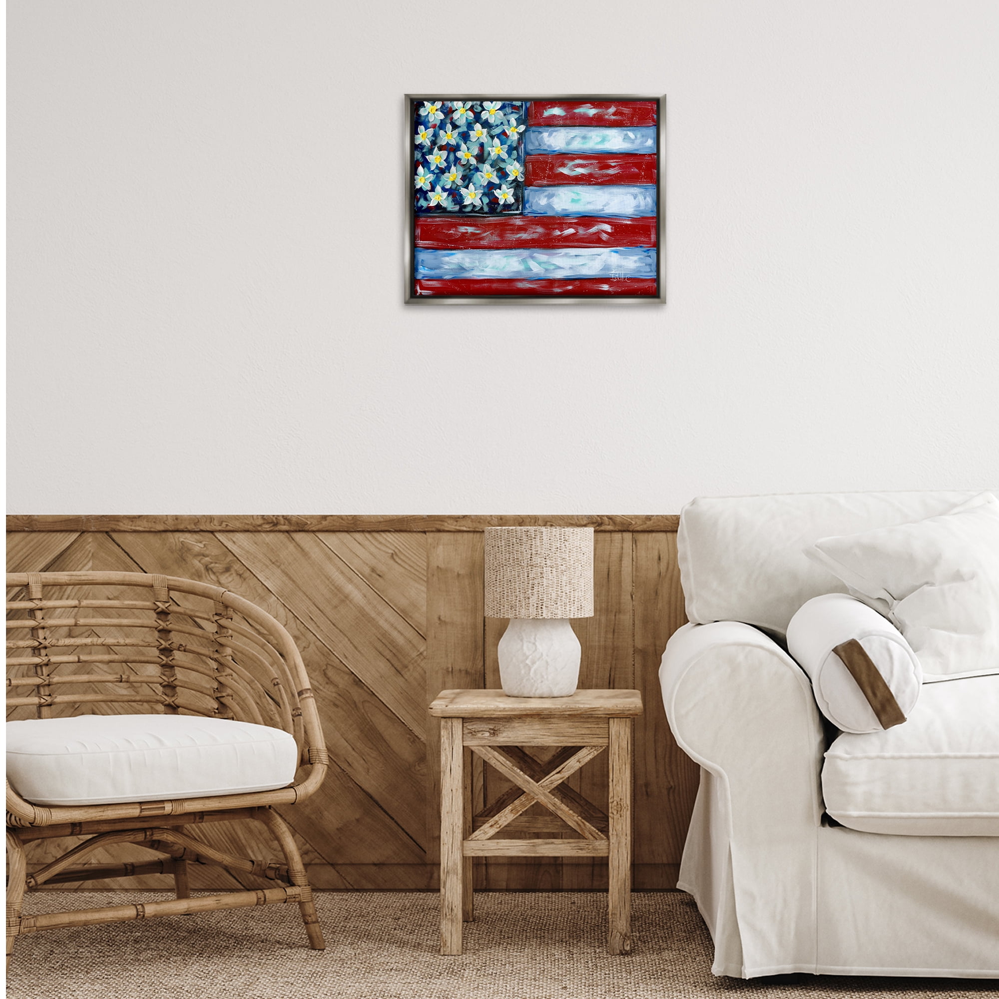 Stupell Industries Flower Stars & Stripes Flag Patriotic Painting Gray Floater Framed Canvas Art Print Wall Art, 21 x 17