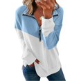 thumbnail image 1 of Jersey de mujer con cuello en V, solapa, diseño de cremallera, color de contraste, manga larga para invierno, otoño, azul claro M, 1 of 6