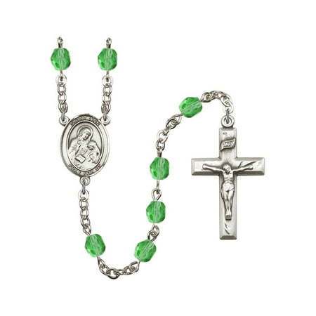 - St. Ann Silver-Plated Rosary 6mm August Green Fire Polished Beads Crucifix Size 1 3/8 x 3/4 medal charm