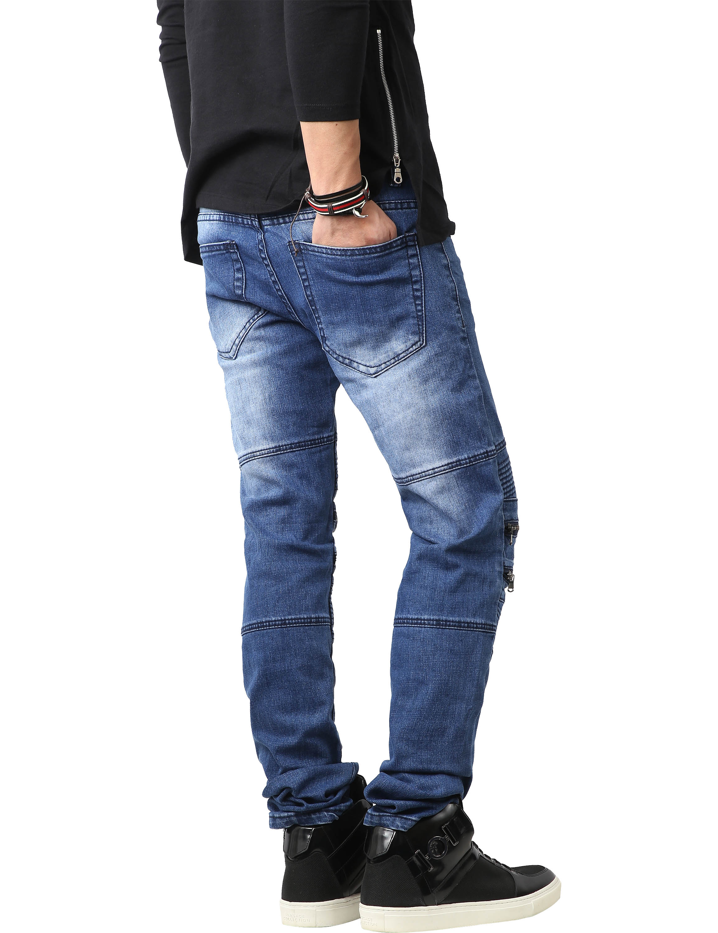 Ma Croix Mens Biker Jeans Distressed Ripped Zipper Straight Slim Fit Stretch Denim Pants - image 4 of 6