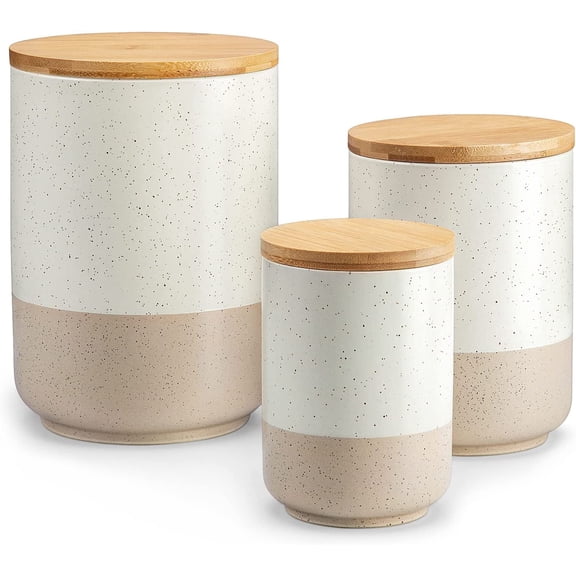 Sabine Ceramic Canister Set with Airtight Wood Lids - 3-Piece Kitchen Storage for Flour, Sugar, Coffee, Tea & Spices - Modern Countertop Decor