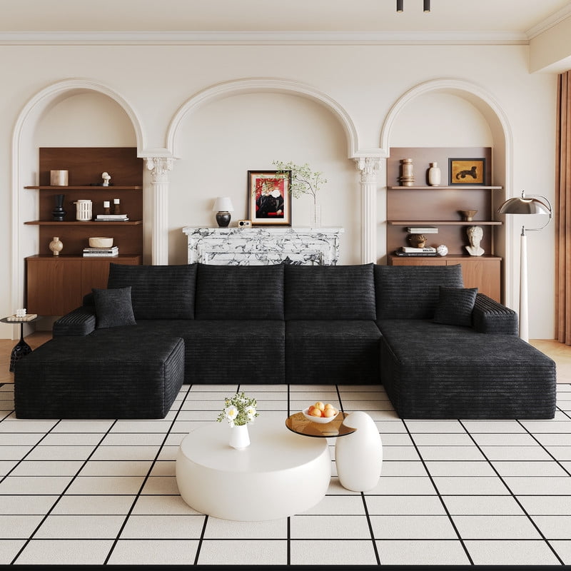 135" Cloud Sectional Sofa with Ottoman, U Shaped Modular Sectional Couch, Modern Minimalist Deep Seat Upholstered Sofa with Chaise, Plush Corduroy Fabric Living Room Sofa Set, No Assembly Required