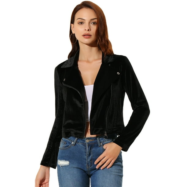 Women's Velvet Zipper Lapel Collar Moto Biker Jacket Black S