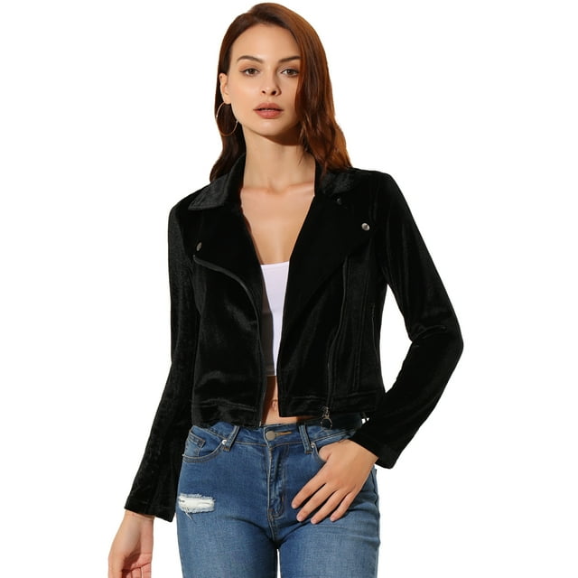 Women's Velvet Zipper Lapel Collar Moto Biker Jacket Black S