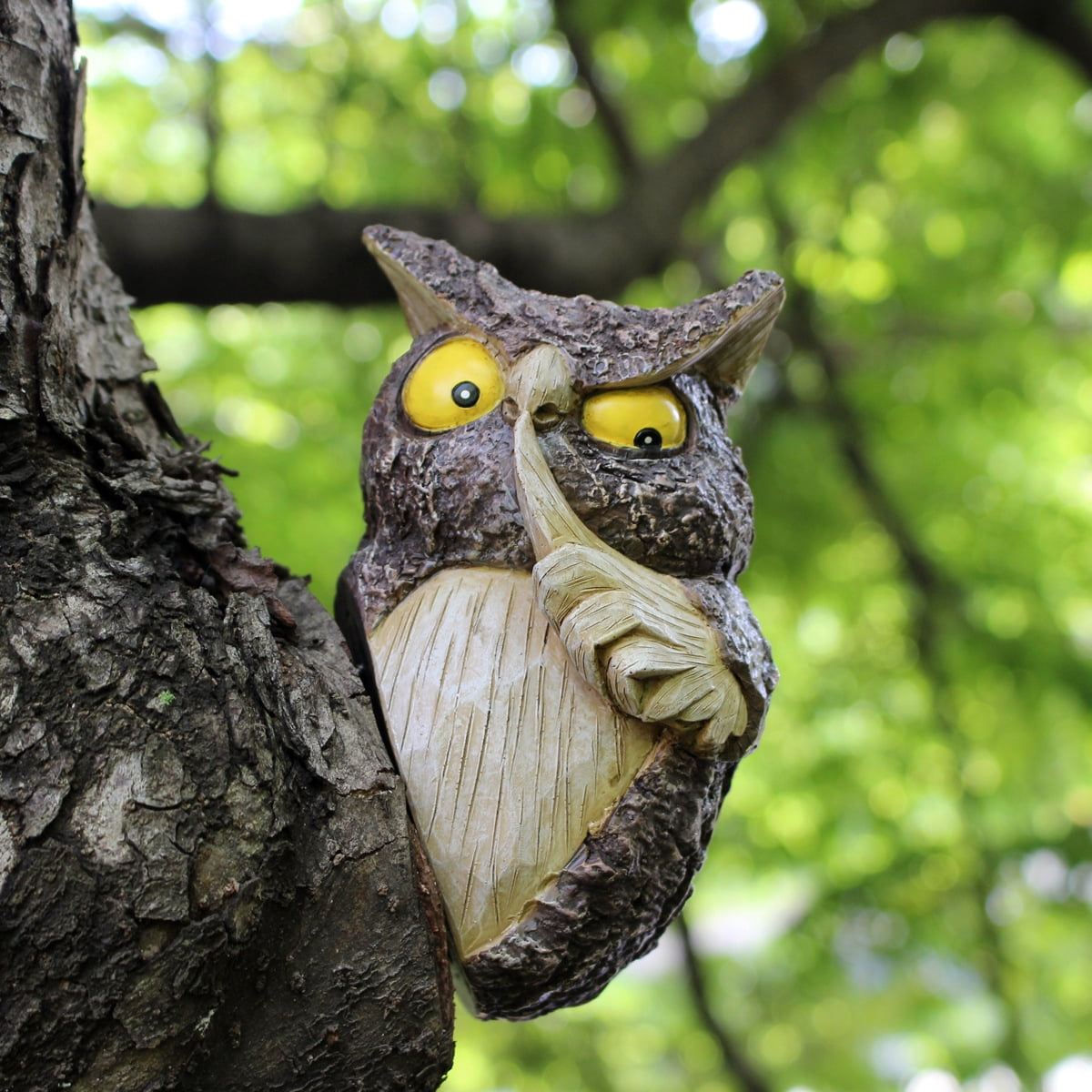 Owl Tree Hugger, Funny Keep Quiet Owl Statue Outdoor Tree Face Decor, Resin Tree Sculpture Garden Peeker Yard Art Ornaments, Housewarming Gift