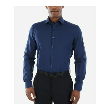 KENNETH COLE Mens Navy Collared Slim Fit Dress Shirt 17.5- 32/33