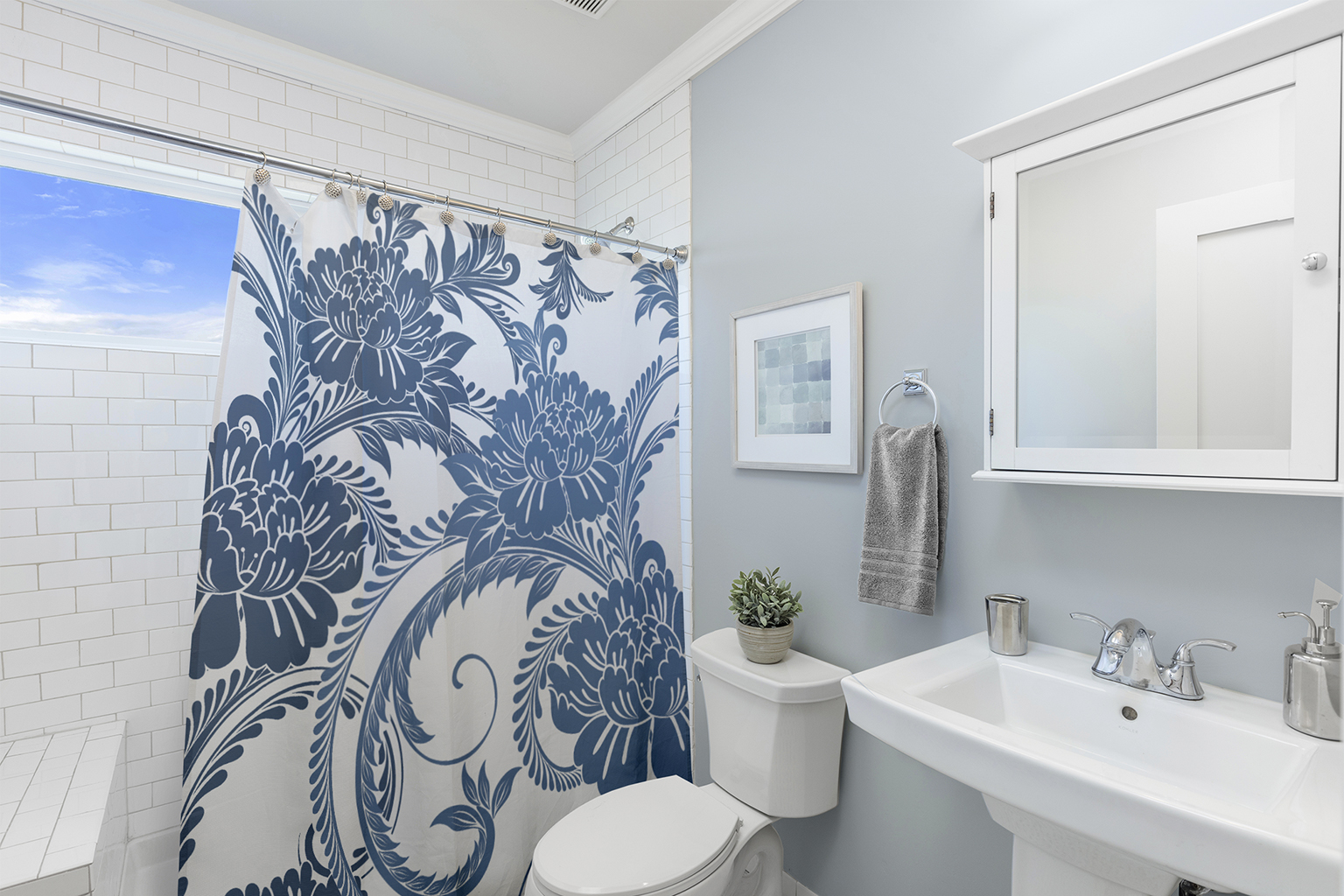 Simply Daisy 70" W x 73" L Flower Flourish Polyester Shower Curtain, Blue [1 Ct]