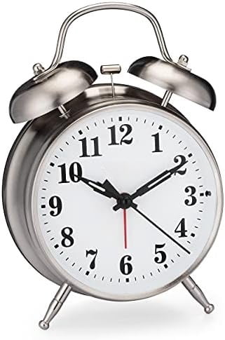 -Big Ben Twin Bell Alarm Clock | Loud Alarm Clock for Heavy Sleepers | Battery Operated Metal Clock with Backlight for Bedside Table, Bedroom, Kids Room, Desk (Silver, 4")