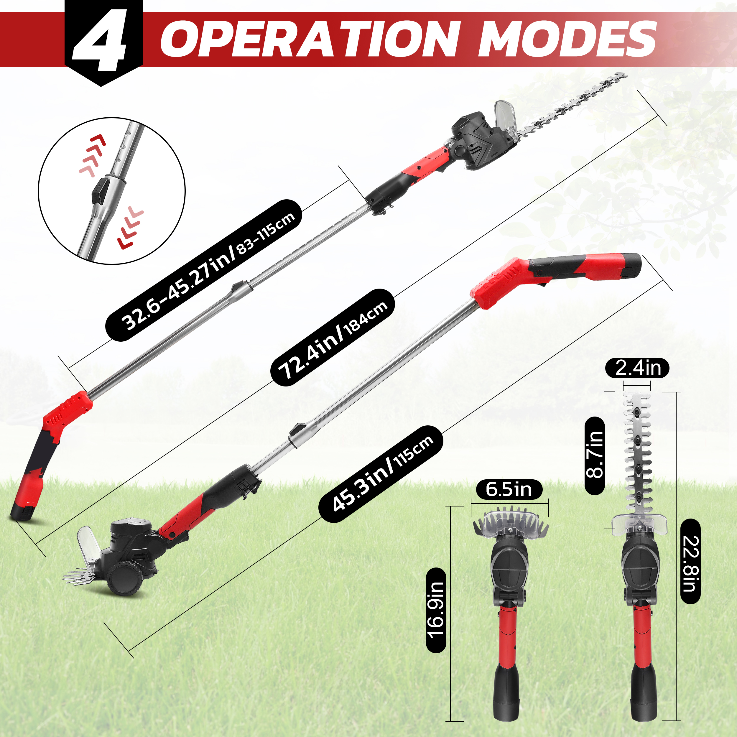 RELOIVE  4-in-1 Telescoping Pole Hedge Trimmer/Grass Shear/Shrub Trimmer/Grass Trimmer with 2.0 Ah Battery,12V (Red)