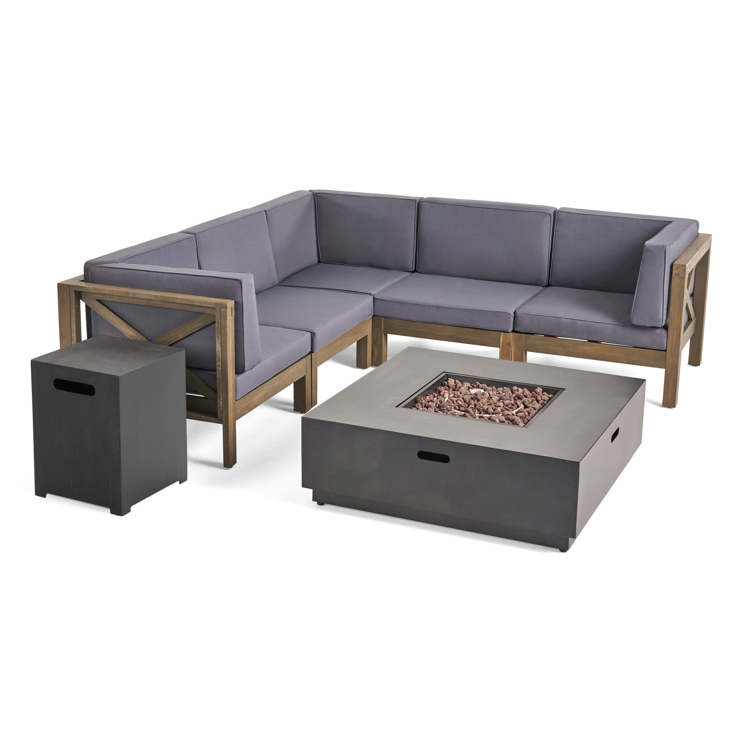 Markus Outdoor 7 Piece Acacia Wood Sectional Sofa Set with Cushions and Fire Pit, Gray, Dark Gray, Dark Gray