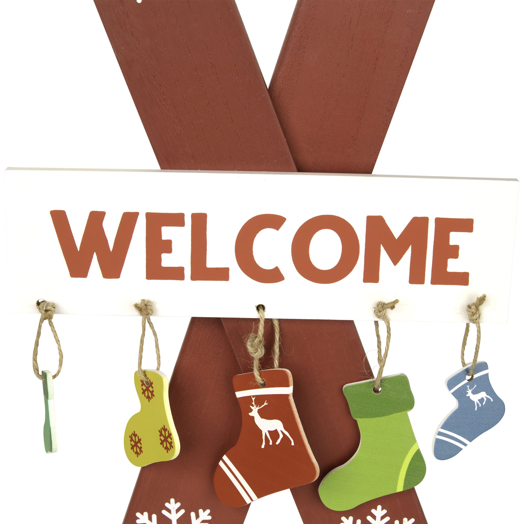 Northlight Wooden Welcome Skis with Christmas Stockings Hanging Decoration - 23.5"