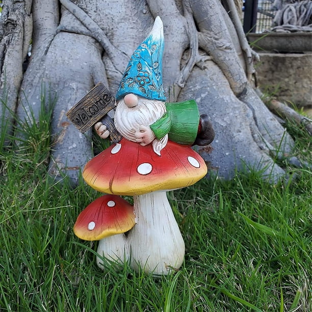 Estatua De Gnomo De Jardín - Estatuilla De Gnomos De Primavera De Resina Con Cartel De Bienvenida Sentado En La Estatua De Setas, Decoraciones Al Aire Libre Para Jardín Patio Césped,gnom esquí esquí Gafas de esquí