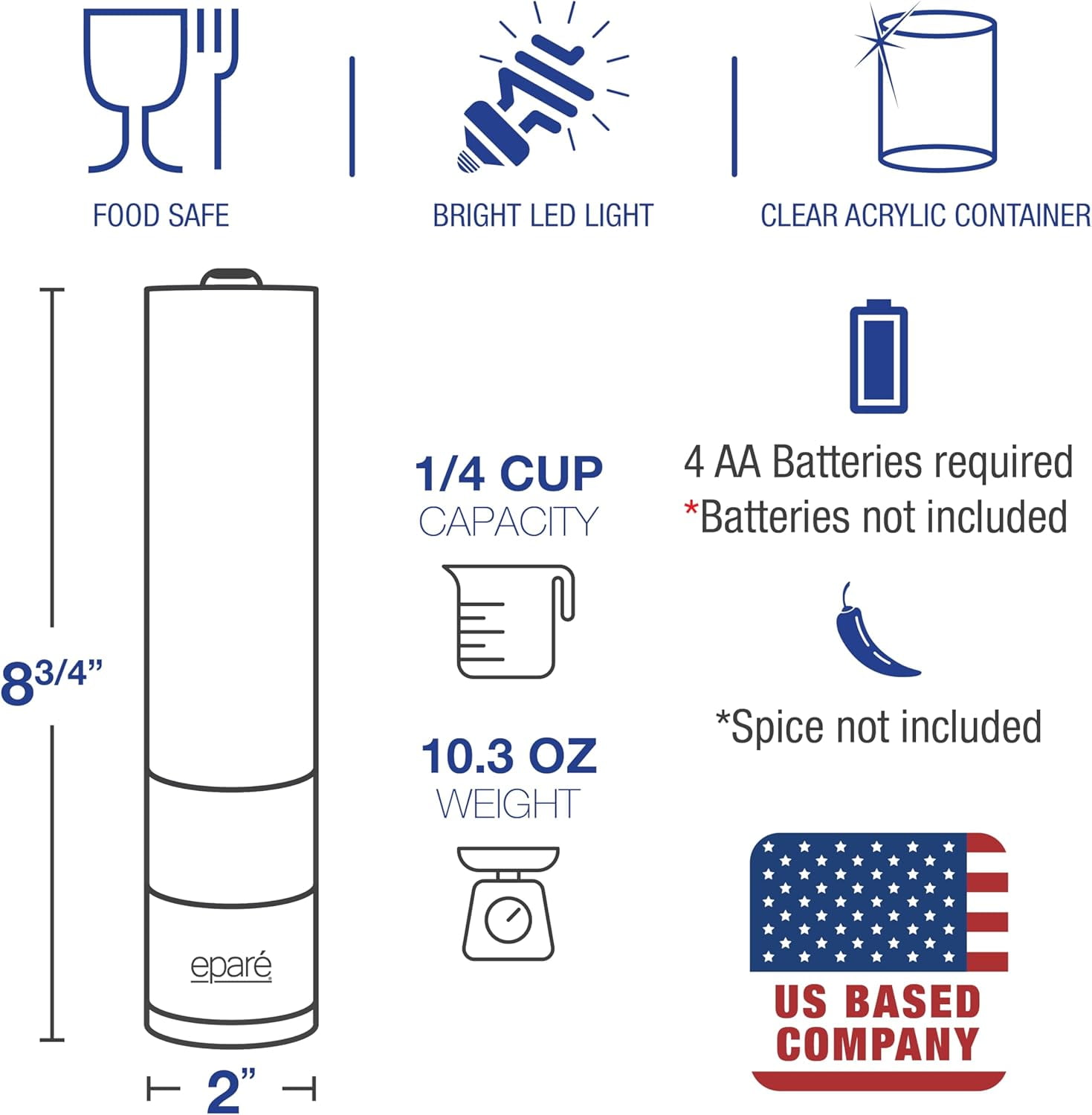 Battery Operated Salt and Pepper Grinder Set with Ceramic Burr Mill for Kitchen