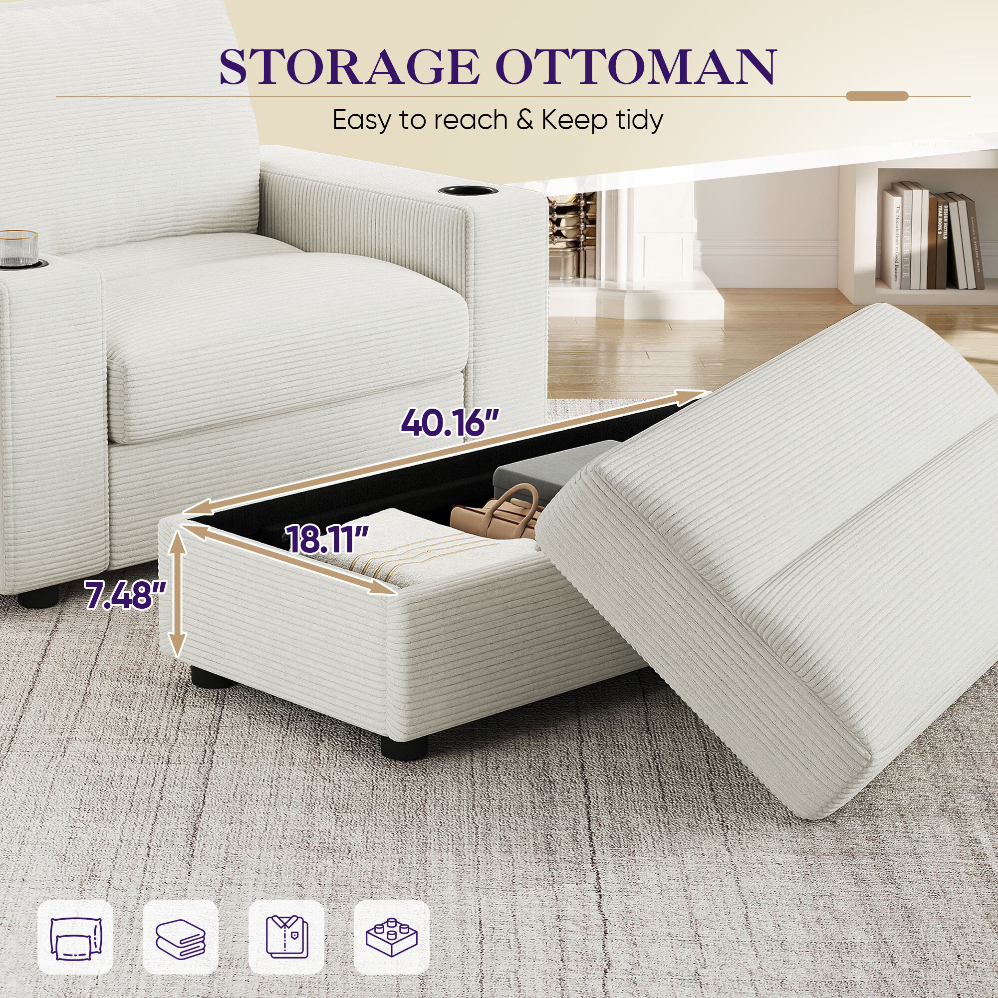 Lunale 42.8" Accent Chair with Ottoman, Indoor Chaise Lounge Chair with USB & Storage, Plush Reading Sofa Armchair for Living Room, Bedroom, Apt, White Corduroy