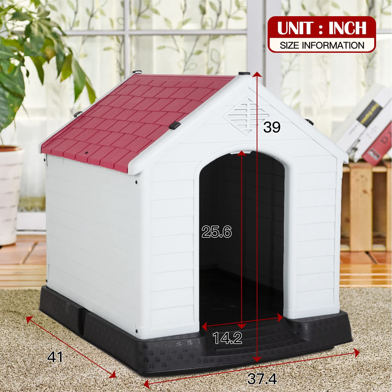 Large Dog House Plastic Dog Kennel Indoor Outdoor for Large Dogs, 39 inch All Weather Doghouse Puppy Shelter with Air Vents and Elevated Floor Ventilate,Red