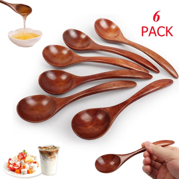 6 Pcs Wooden Spoons for Eating, 5.3 inch Wooden Honey Spoons Wood Teaspoons - Perfect for Tea Coffee Soup Dessert