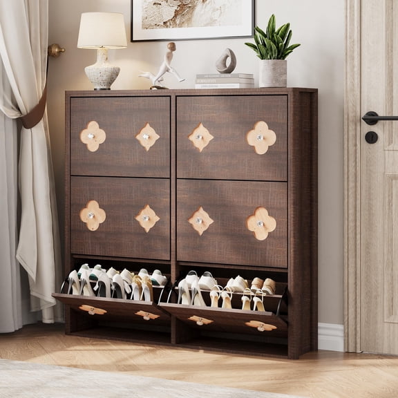 Brown Shoe Cabinet with 6 Flip Drawers, Shoe Storage Cabinet with Adjustable Shelves, Flower Pattern & Diamond Handle, Freestanding Slim Shoe Storage, Wooden Shoe Organizer Cabinet for Entryway