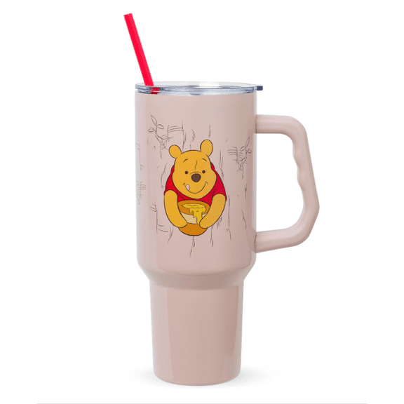Silver Buffalo Disney Winnie the Pooh 40 oz Winnie the Pooh Travel Tumbler with Lid, Straw, and Handle, Stainless Steel