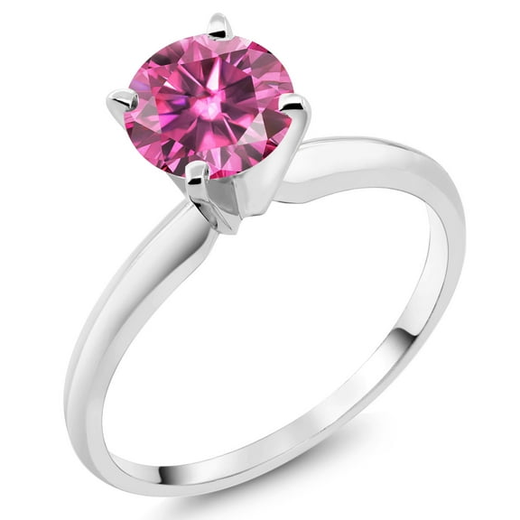 Gem Stone King 14K White Gold Pink Moissanite Solitaire Engagement 4-Prong Ring for Women | 0.80 Cttw | Round 6MM | Gemstone April Birthstone (Size 7)
