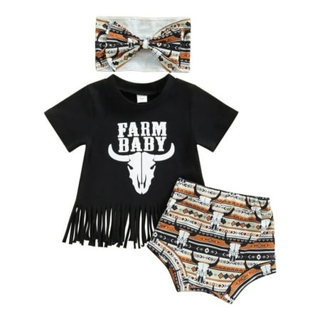 

GYRATEDREAM Western Baby Girl Clothes Boho Cow Print Short Sleeve T-Shirt Tops Shorts Set Headband 3Pcs Toddler Cowgirl Outfits