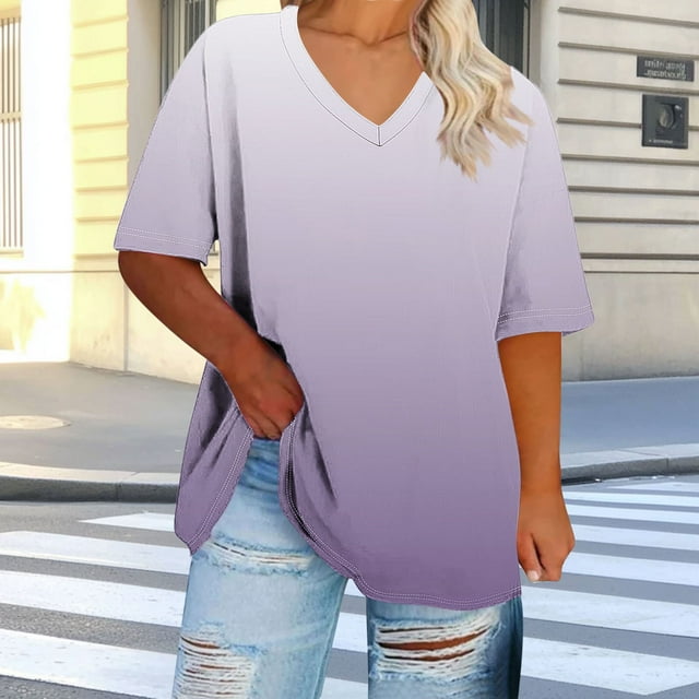 Ovbmpzd V-Neck Ladies Tops Short Sleeve Plus Size White Gradient Color Comfy Blouses Women Blouse XXL