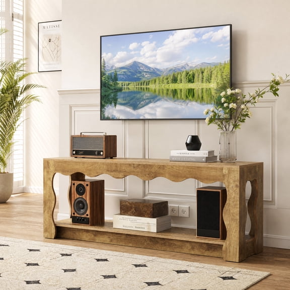 Fnova Farmhouse TV Stand for TVs up to 65", 2-Tier Media Console Wood Entertainment Center for Living Room, Brown