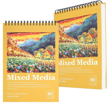 9x12 Sketch Book, Mixed Media Sketchbook 2 Pack, 60 Sheets, 98lb/160gsm Heavyweight Spiral Artist Sketch Pad for Sketching, Drawing, Pastel, Acrylic, Craft, Ideal Gift