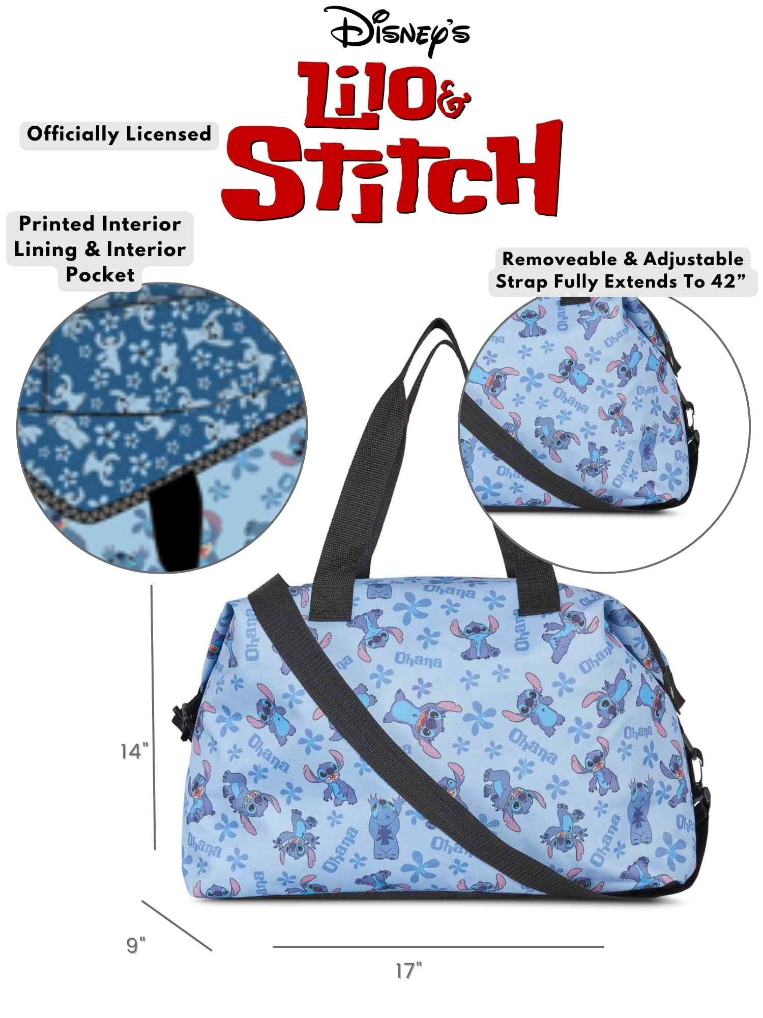 Disney's Lilo & Stitch Weekender Duffel Bag Travel Carry-On All-Over Print Blue