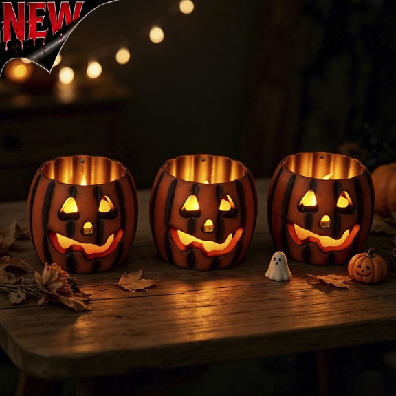 Tryvkinvive 3Pack Vintage Jack O Lantern Candle Holders (No Candles),Hollow Face Pumpkin Tealight Containers,Warm Ambient Lighting Decor,Spooky Halloween Tabletop Centerpiece Ornament