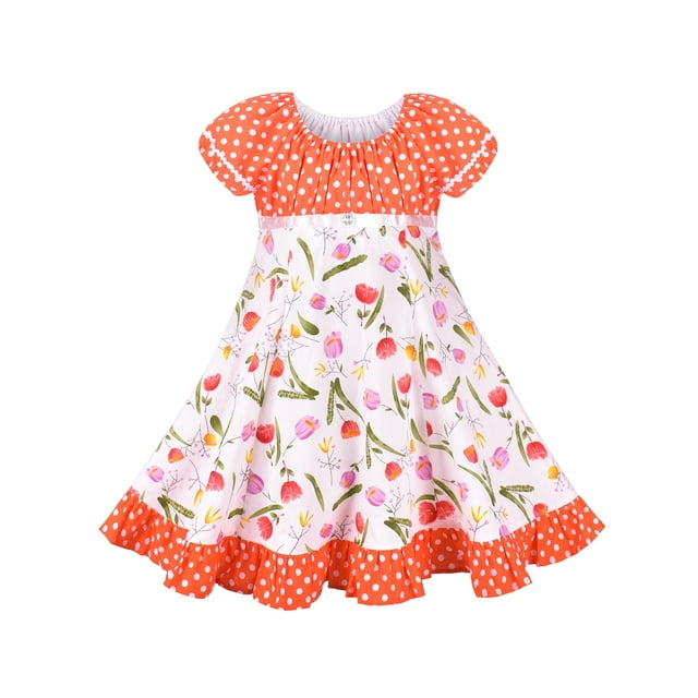 Girls Dress Vintage Polka Dot Tulip Floral Ruffle Hem Short Sleeve 7 Years