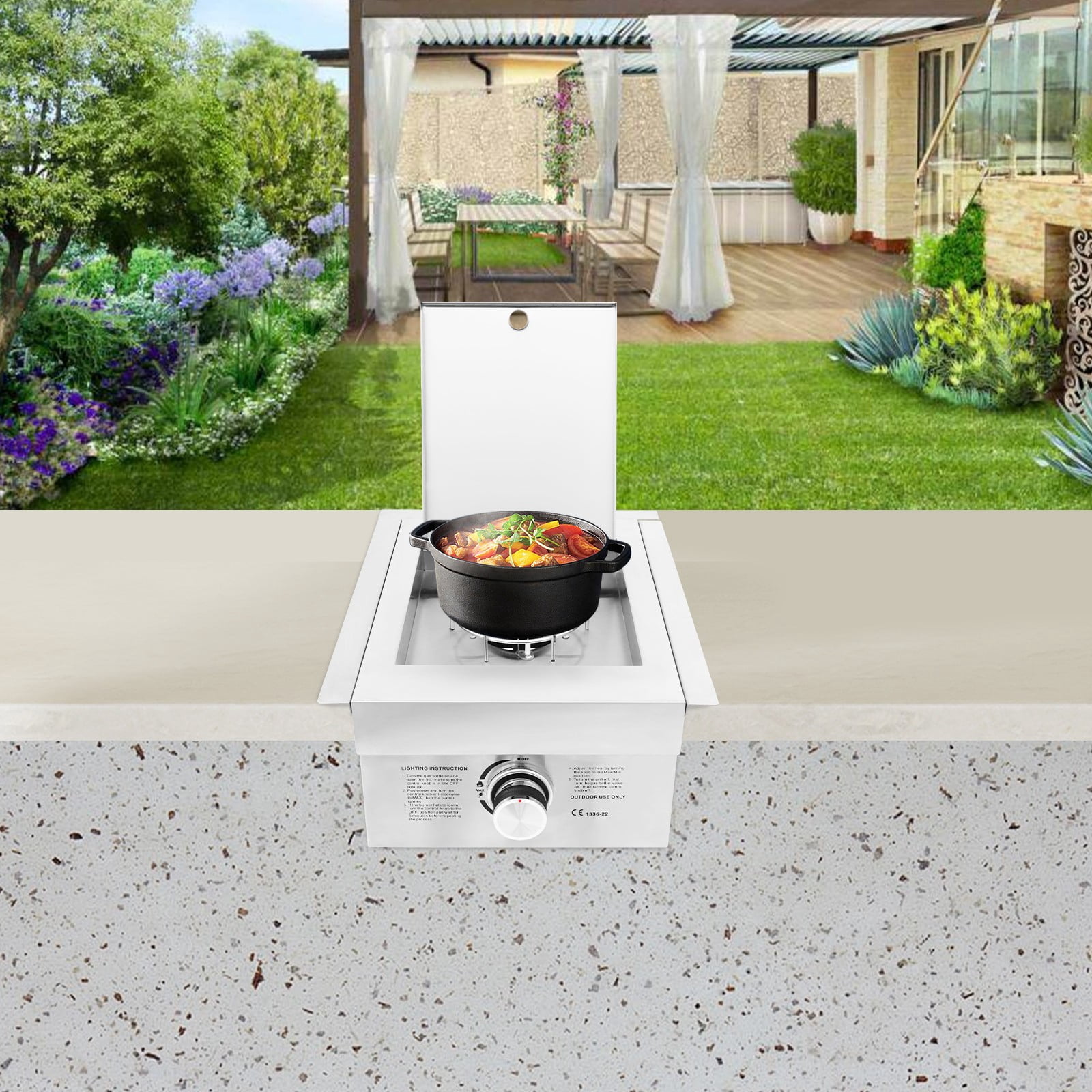 Grilling Side Burners, Propane Gas Stove, 304 Stainless Steel Single Burner Gas Stove with Cover, 3.5KW Output for LPG, Built-in or Countertop Installation, for Outdoor Kitchen, BBQ