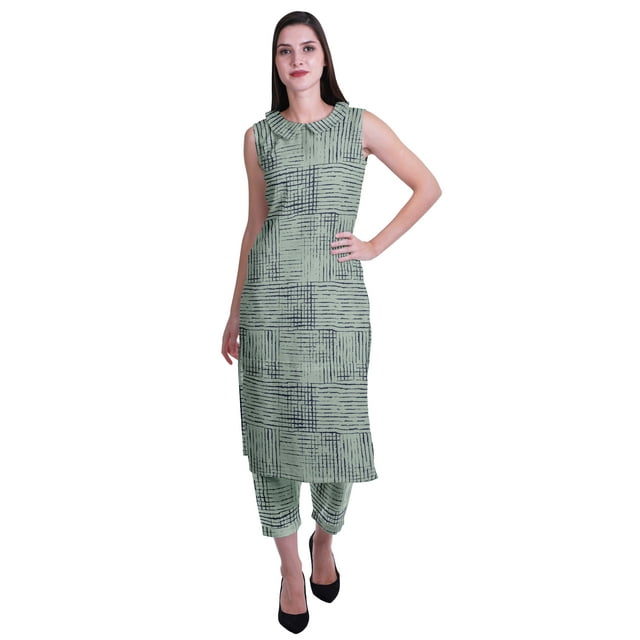 Moomaya Printed Womens Sleeveless Peter Pan Collar Kurta Pant Set,2 Piece Ethnic Set