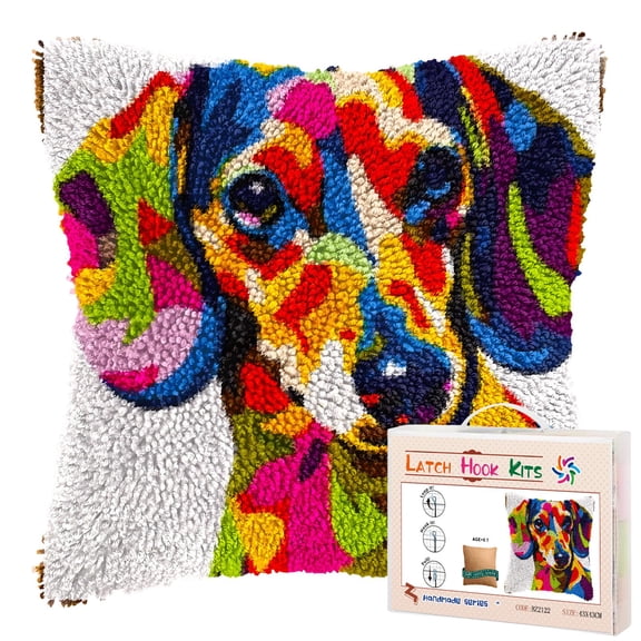 Colorful Cute Dachshund Dog DIY Latch Hook Pillow Kits for Adults Printed Pillowcase Crochet Yarns Hooking Handmade Pillow Cover Cushion for Home Sofa Decoration 17x17inch(3)