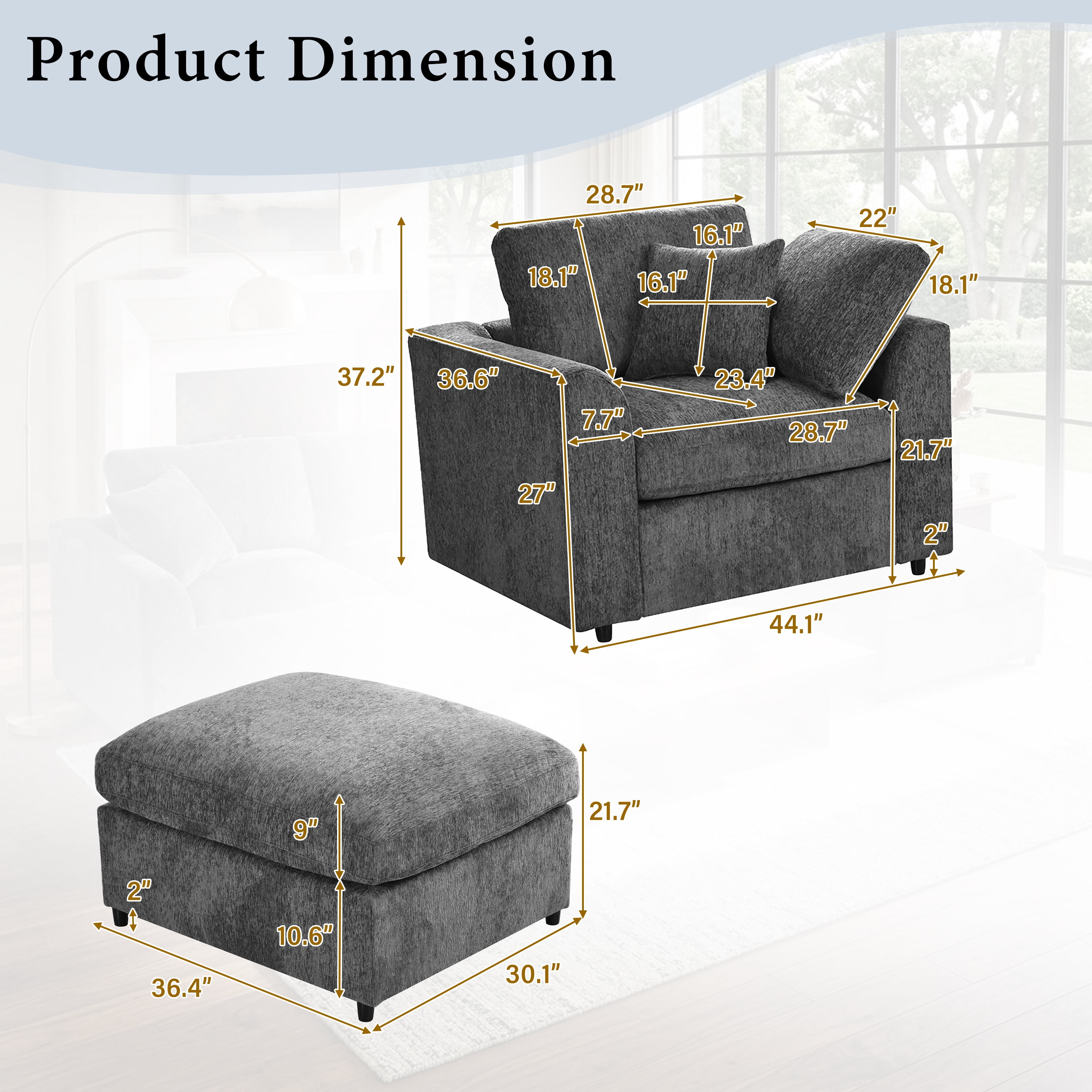 Howcool Chenille Accent Chair with Ottoman,Modern Lounge Chair Set with Solid Wood Frame,Comfy Armchair with Throw Pillow for Living Room,Apartment,Gray