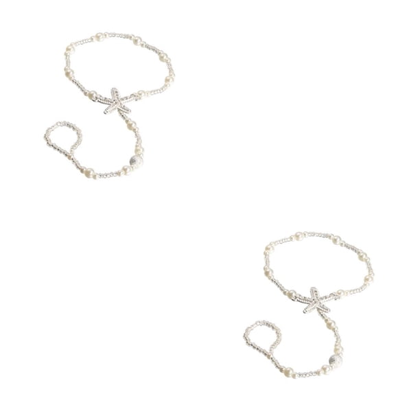 Sonducket Anklets Sea Star Pearl Crystal Foot Ring Hanging Chains Mittens Girls Wedding with Decor Pendent Bracelets Finger Toe Como se muestra 2piezas Sonducket CBP461801
